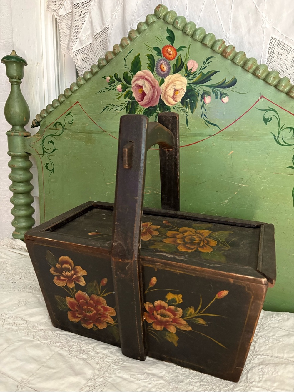 Vintage Chinese Hand-Painted Floral Wood Basket - Lunch Box